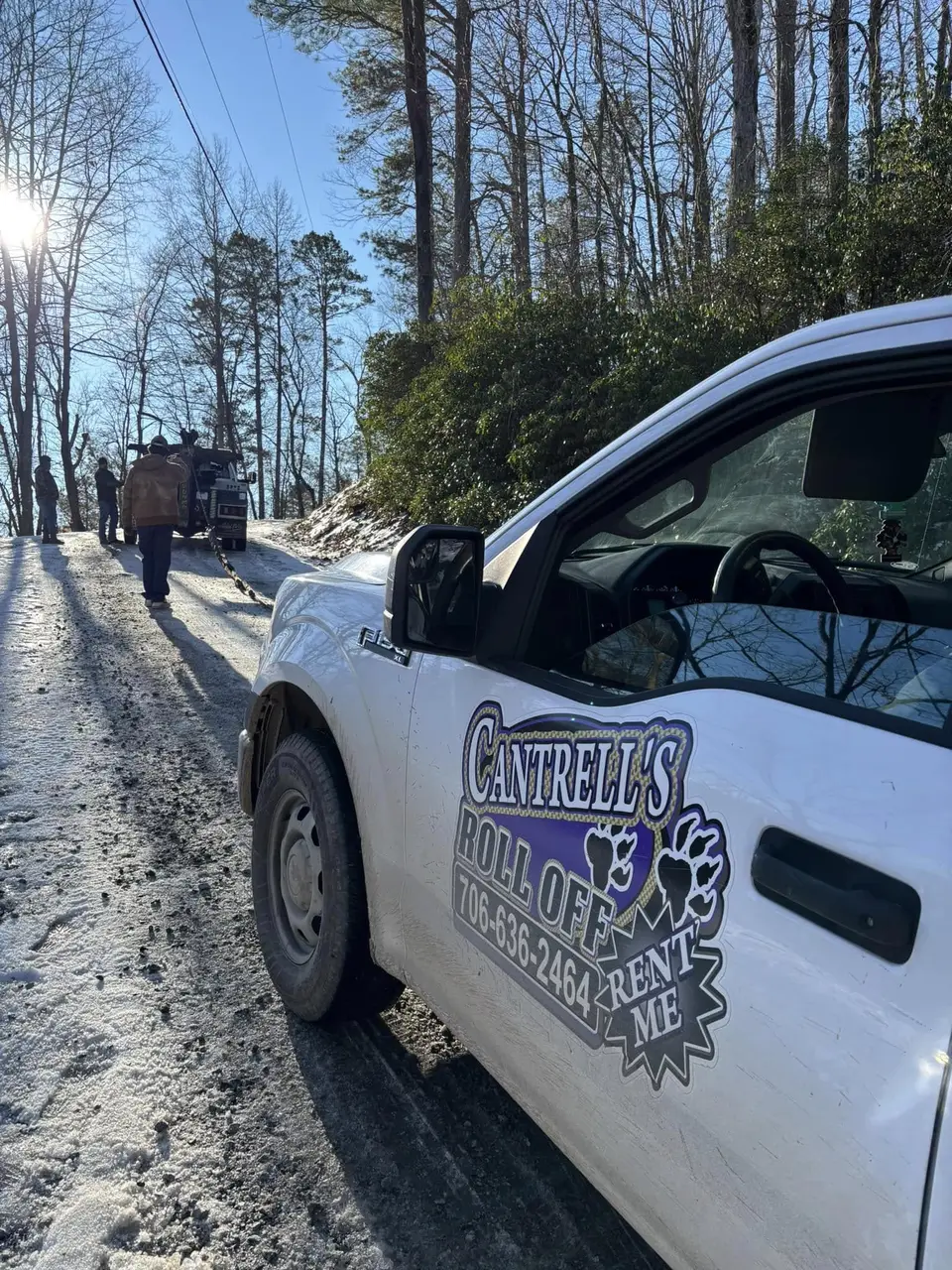 Cantrell's pickup truck on an icy, snowy mountain road in Gilmer County